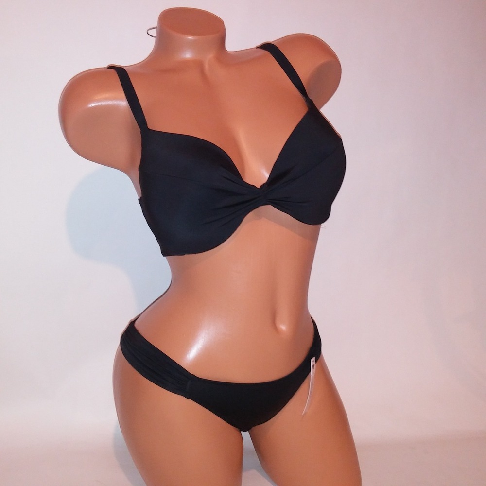 Victoria Secret Swim Bikini 32DD Top XS Bottom Solid Black Push Up New